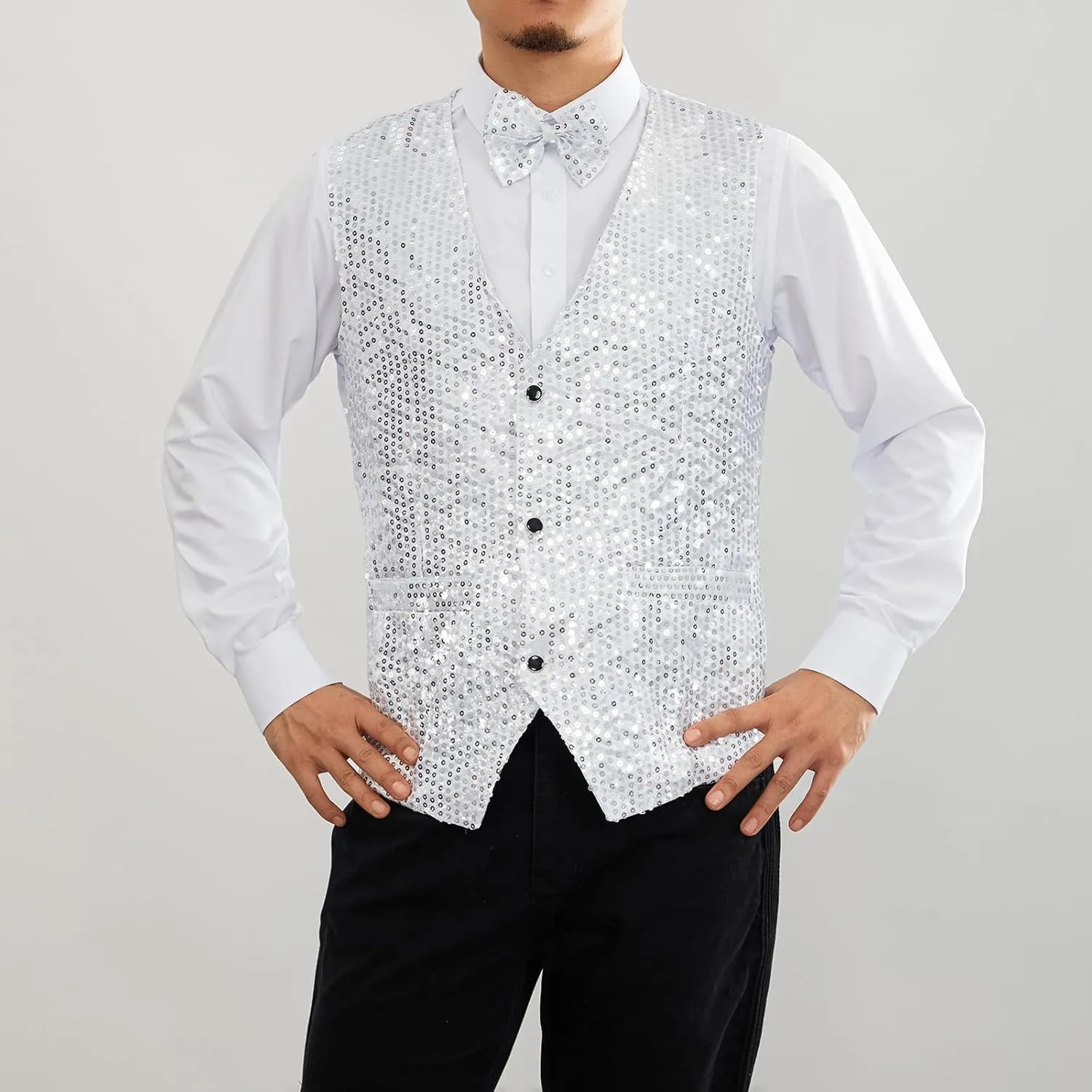 Mens Sequin Vests Dress Suit Vest Casual Shiny Waistcoat Bowtie Set with Pockets for Party Tuxedo Prom Wedding