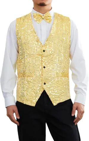 Mens Sequin Vests Dress Suit Vest Casual Shiny Waistcoat Bowtie Set with Pockets for Party Tuxedo Prom Wedding