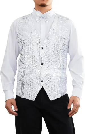 Mens Sequin Vests Dress Suit Vest Casual Shiny Waistcoat Bowtie Set with Pockets for Party Tuxedo Prom Wedding