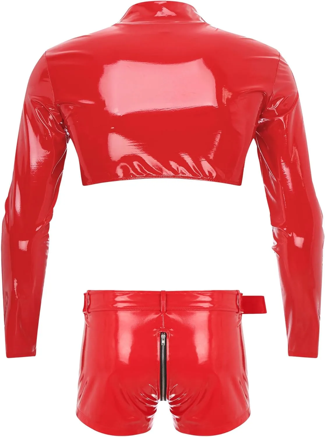 Men's Sexy Leather Crop Top Muscle Shirts and Zipper Crotch Boxer Briefs Hot Pants Gym Outfits