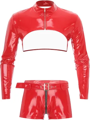 Men's Sexy Leather Crop Top Muscle Shirts and Zipper Crotch Boxer Briefs Hot Pants Gym Outfits