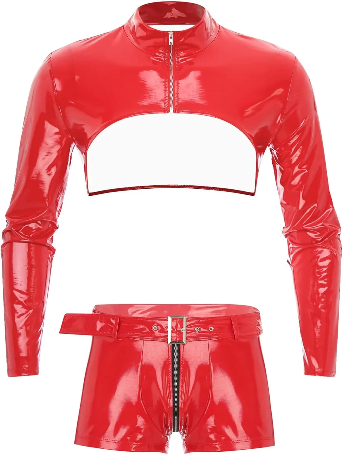 Men's Sexy Leather Crop Top Muscle Shirts and Zipper Crotch Boxer Briefs Hot Pants Gym Outfits