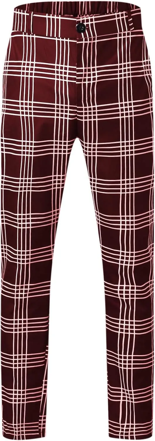 Men's Slim Fit Plaid Pants Stretch Chinos Flat Front Tapered Skinny Pencil Trousers Pockets Casual Business Work Dress Pants