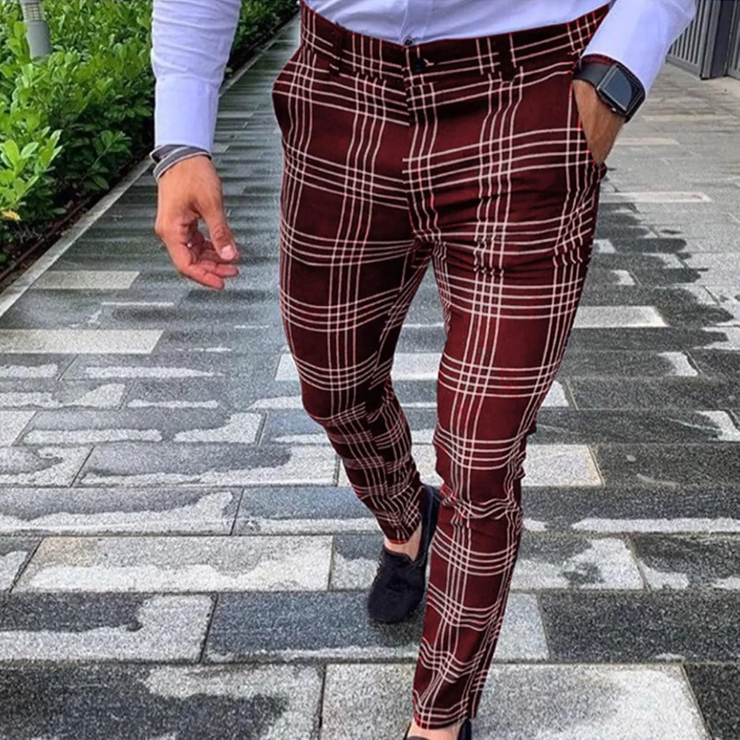 Men's Slim Fit Plaid Pants Stretch Chinos Flat Front Tapered Skinny Pencil Trousers Pockets Casual Business Work Dress Pants