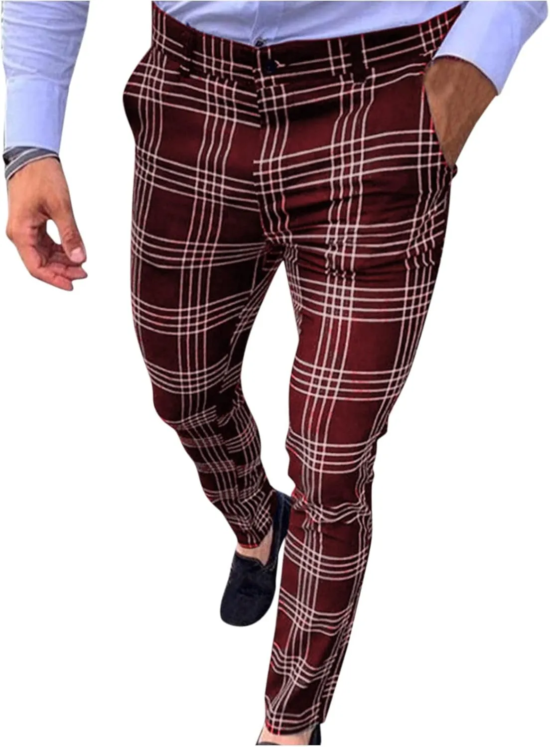 Men's Slim Fit Plaid Pants Stretch Chinos Flat Front Tapered Skinny Pencil Trousers Pockets Casual Business Work Dress Pants