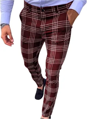 Men's Slim Fit Plaid Pants Stretch Chinos Flat Front Tapered Skinny Pencil Trousers Pockets Casual Business Work Dress Pants