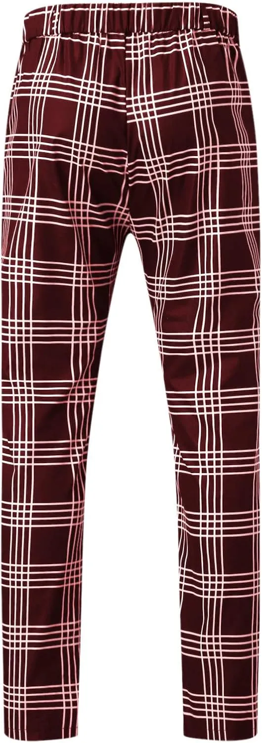 Men's Slim Fit Plaid Pants Stretch Chinos Flat Front Tapered Skinny Pencil Trousers Pockets Casual Business Work Dress Pants
