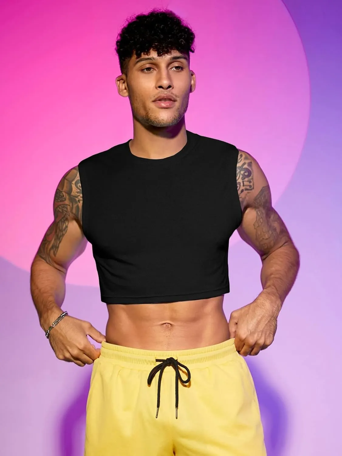 Milumia Men's Casual Round Neck Sleeveless Crop Tank Tops Muscle Shirts Streetwear