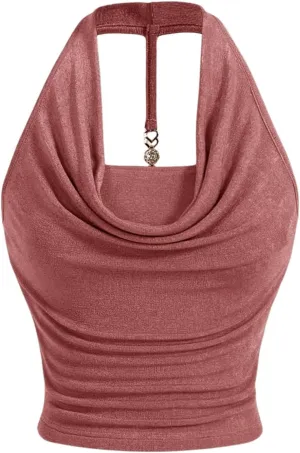 Milumia Women Ruched Halter Y2k Crop Tops Backless Cowl Neck Sleeveless Shirts