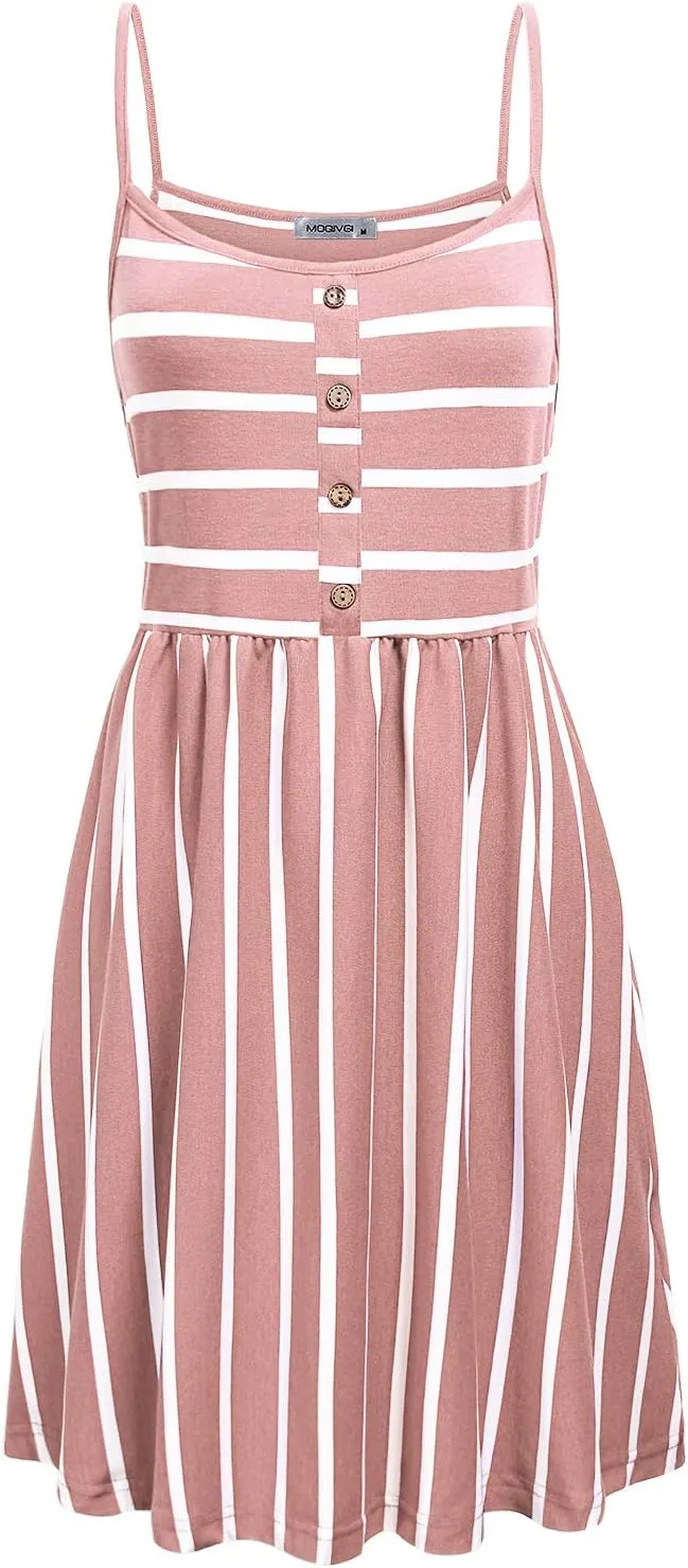 MOQIVGI Womens Spaghetti Strap Button Detail Pleated Summer Casual Stripe Dresses