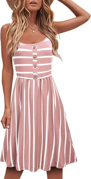 MOQIVGI Womens Spaghetti Strap Button Detail Pleated Summer Casual Stripe Dresses