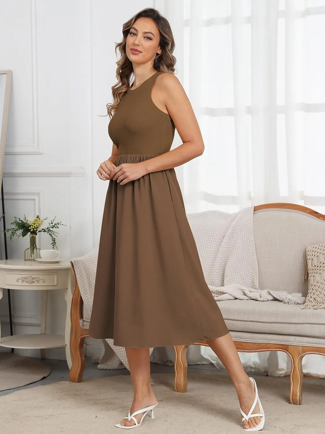 Naggoo Women's Sleeveless Dress Summer Casual Flowy Sundress Knit Tank Top Racerback Midi Dresses Pockets