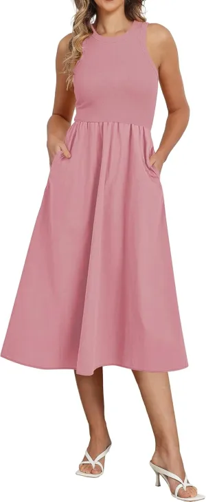 Naggoo Women's Sleeveless Dress Summer Casual Flowy Sundress Knit Tank Top Racerback Midi Dresses Pockets