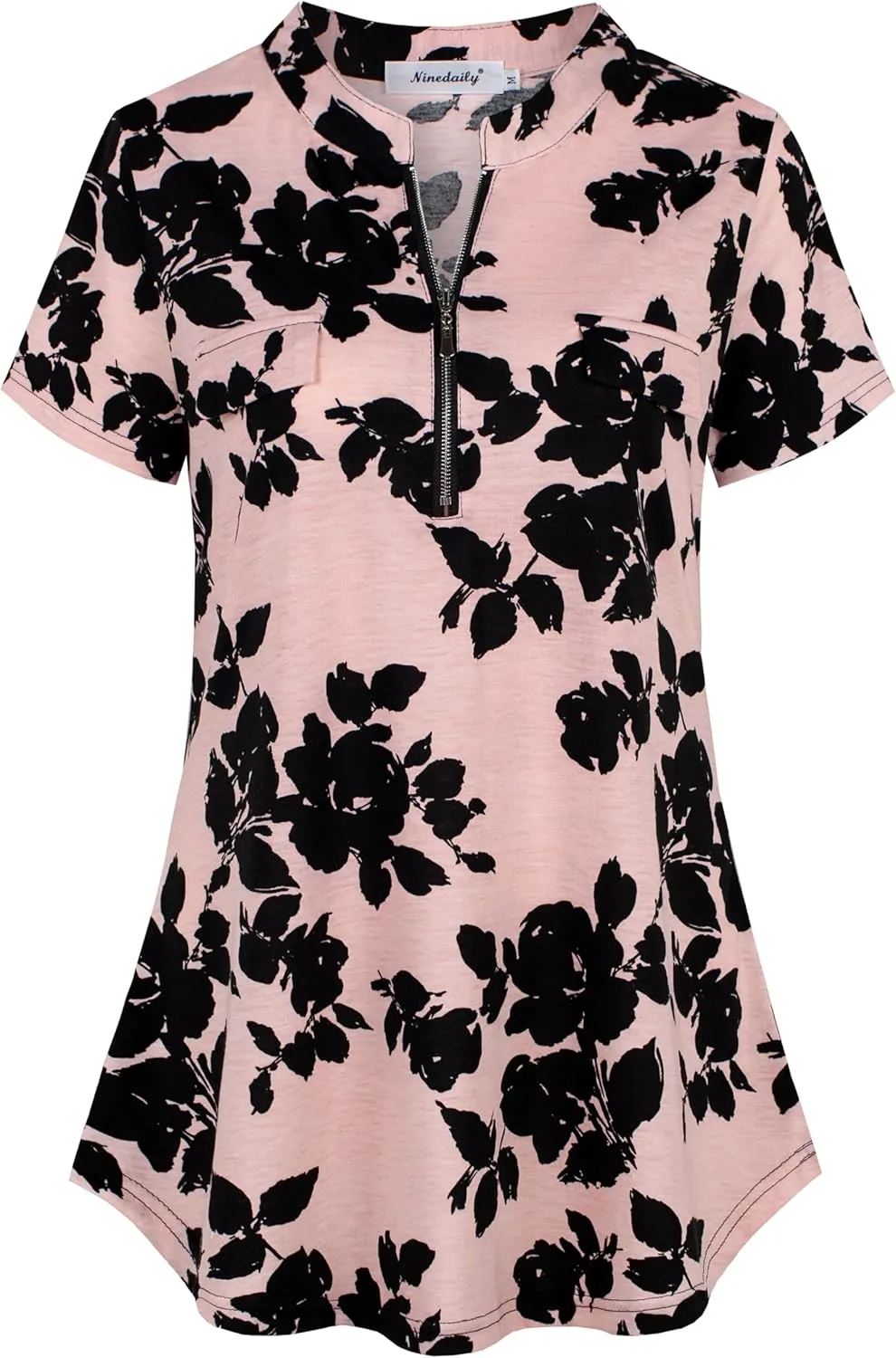 Ninedaily Women's Summer Tops Short Sleeve Casual Blouse Zip Floral Tunic Shirts
