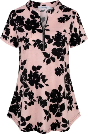 Ninedaily Women's Summer Tops Short Sleeve Casual Blouse Zip Floral Tunic Shirts
