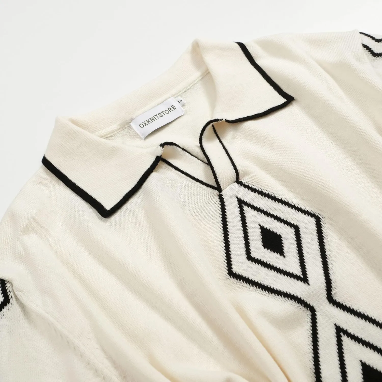 OXKNIT Mens White Apricot 60s V-Neck Polo Shirt Rhombic Pattern Knit Golf Polo