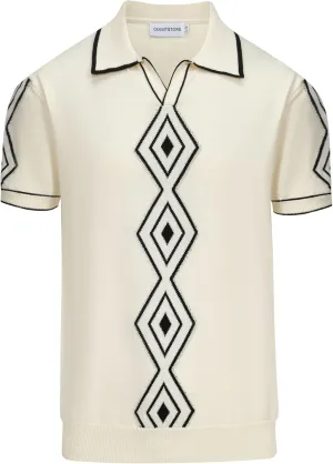 OXKNIT Mens White Apricot 60s V-Neck Polo Shirt Rhombic Pattern Knit Golf Polo