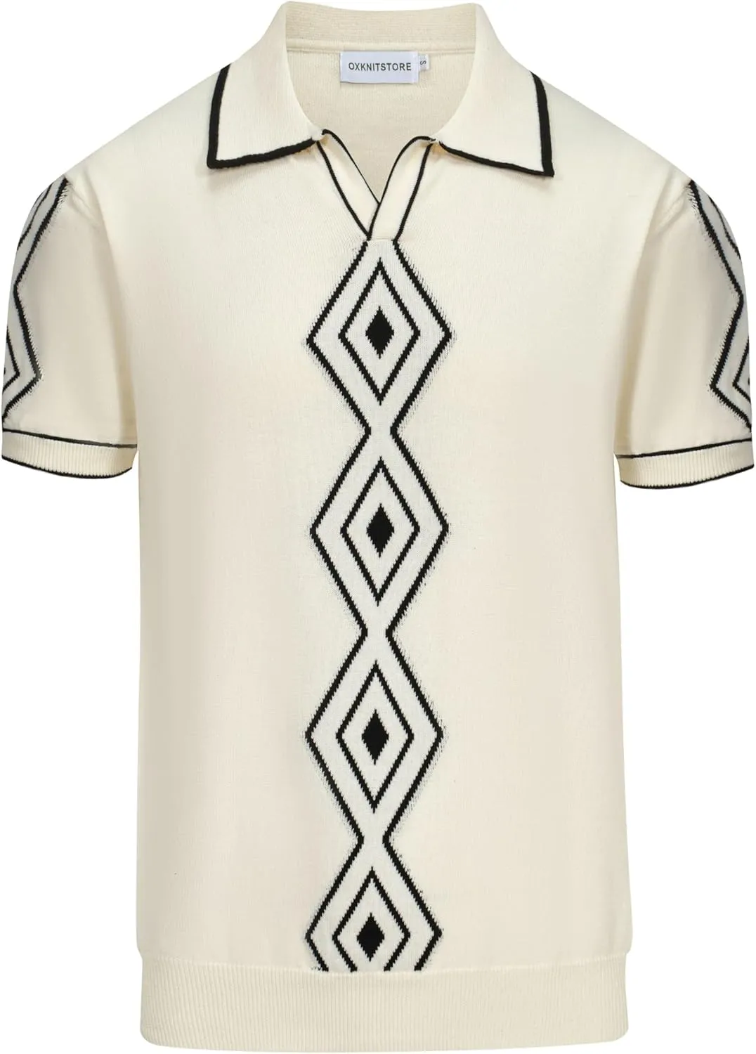 OXKNIT Mens White Apricot 60s V-Neck Polo Shirt Rhombic Pattern Knit Golf Polo