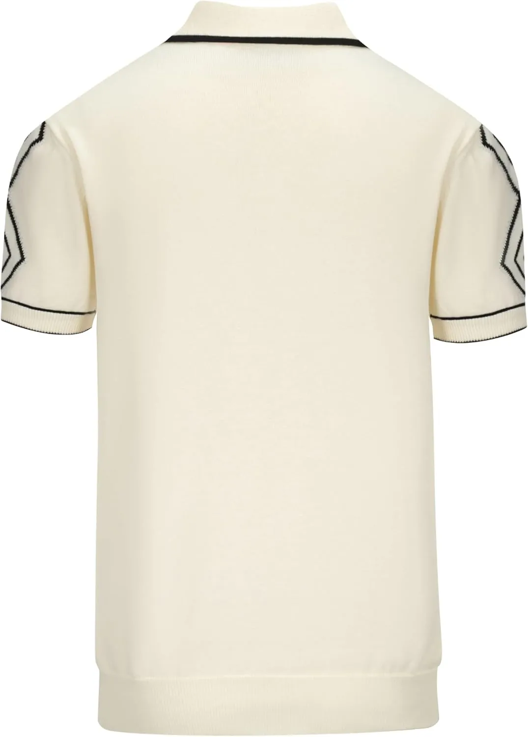 OXKNIT Mens White Apricot 60s V-Neck Polo Shirt Rhombic Pattern Knit Golf Polo