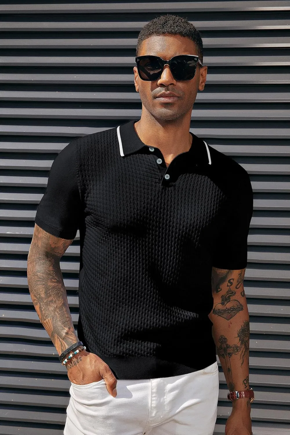 PJ PAUL JONES Men's Short Sleeve Knit Polo Shirts Waffle Texture Knit Shirt