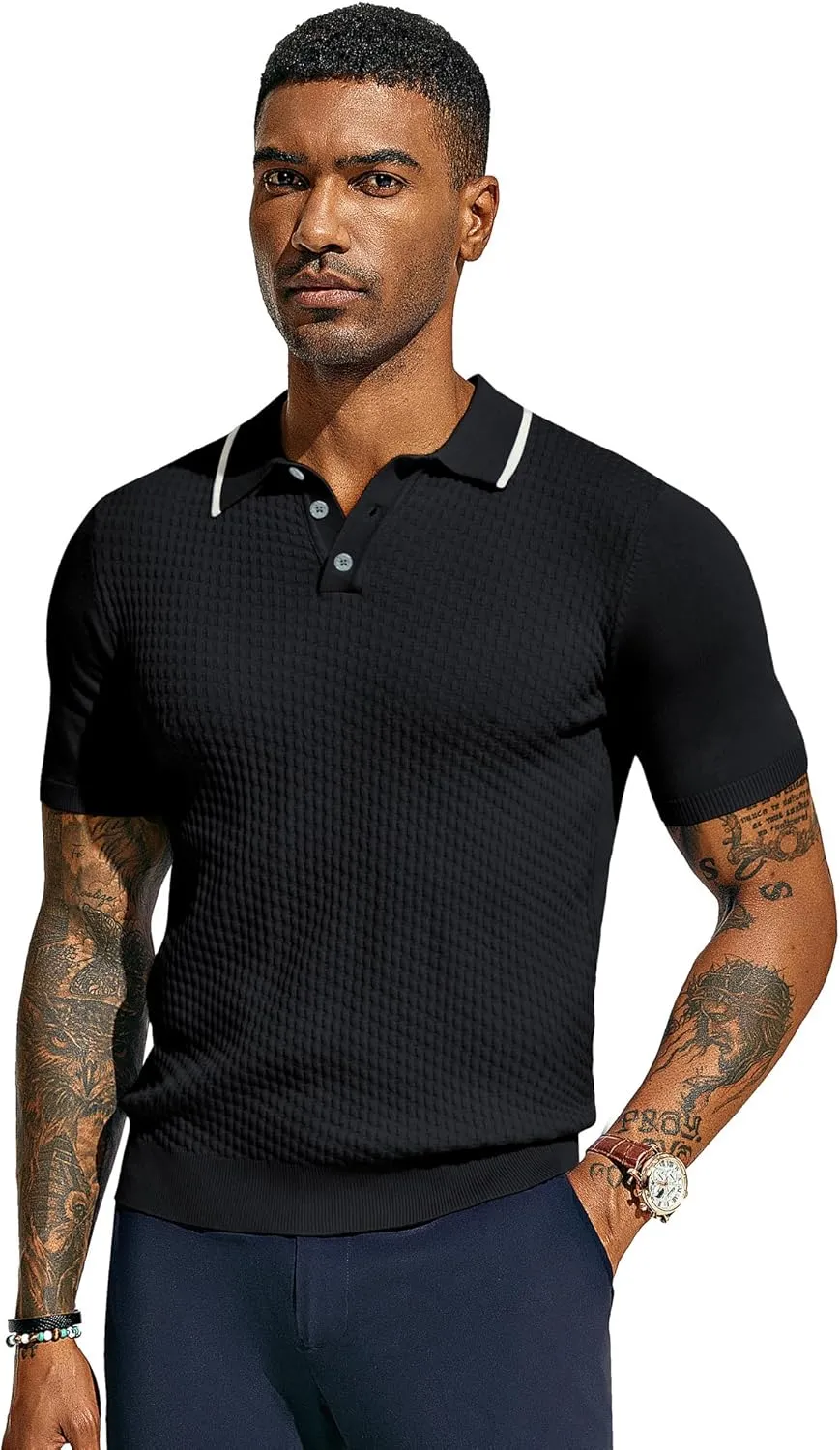 PJ PAUL JONES Men's Short Sleeve Knit Polo Shirts Waffle Texture Knit Shirt