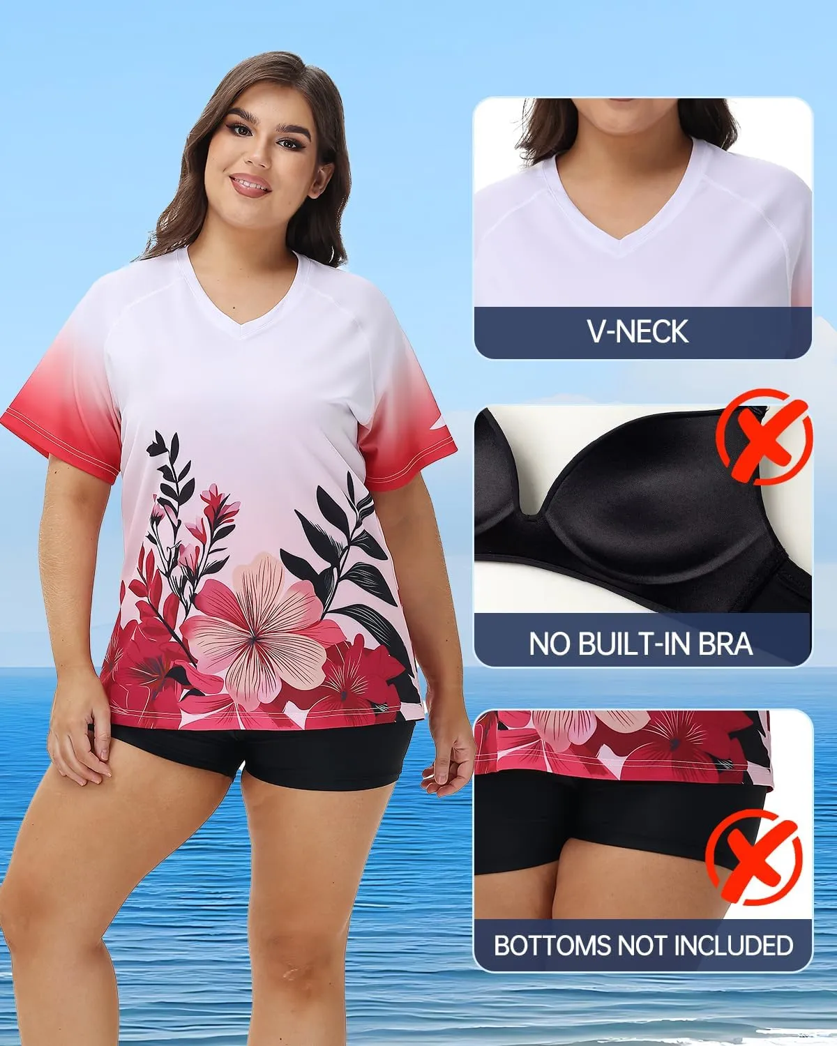 Plus Size Rash Guard for Women Sun Protection Swim Shirts Short Sleeve Loose Fit UPF 50  Quick Dry Swimming Tops