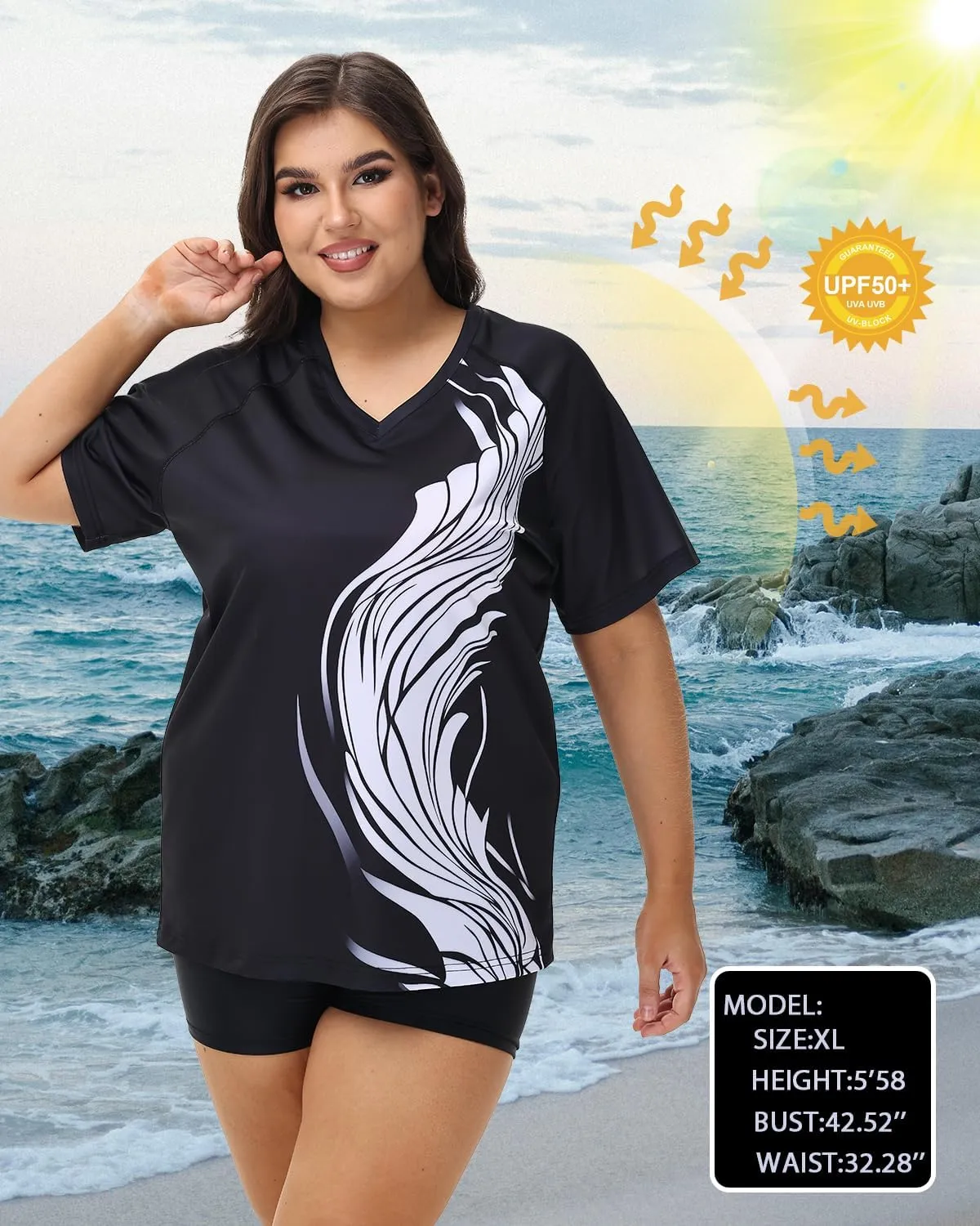 Plus Size Rash Guard for Women Sun Protection Swim Shirts Short Sleeve Loose Fit UPF 50  Quick Dry Swimming Tops