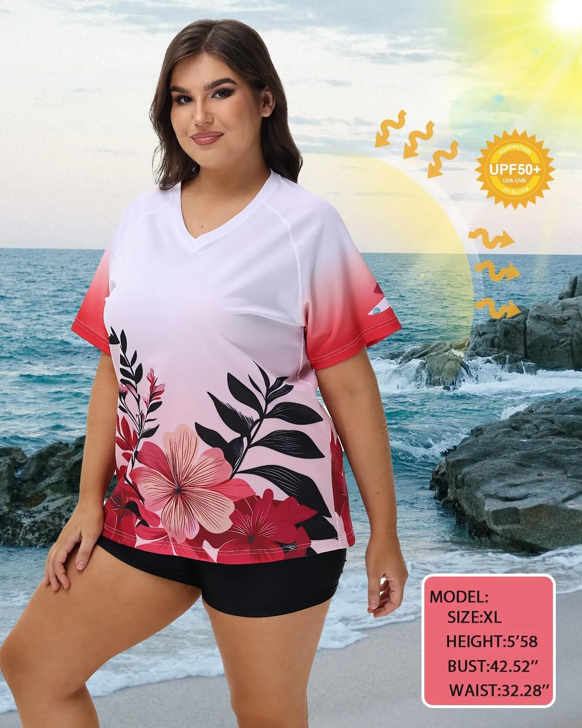 Plus Size Rash Guard for Women Sun Protection Swim Shirts Short Sleeve Loose Fit UPF 50  Quick Dry Swimming Tops