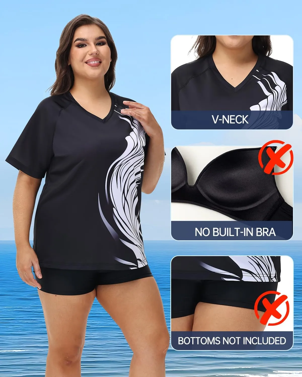 Plus Size Rash Guard for Women Sun Protection Swim Shirts Short Sleeve Loose Fit UPF 50  Quick Dry Swimming Tops