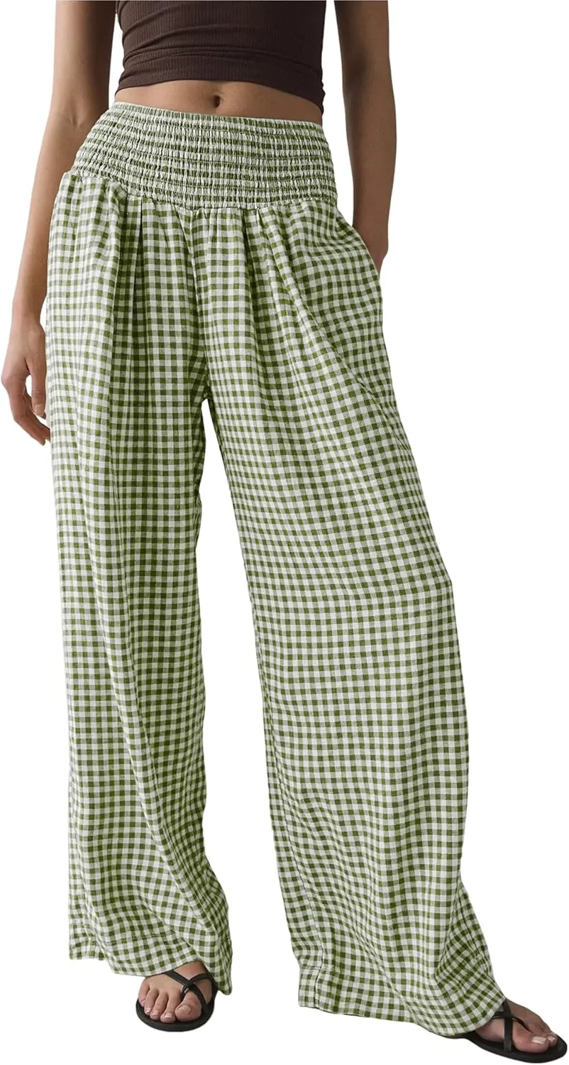 Qiaomai Women Casual Plaid Pants Elastic High Waist Wide Leg Lounge Pants Loose Trousers