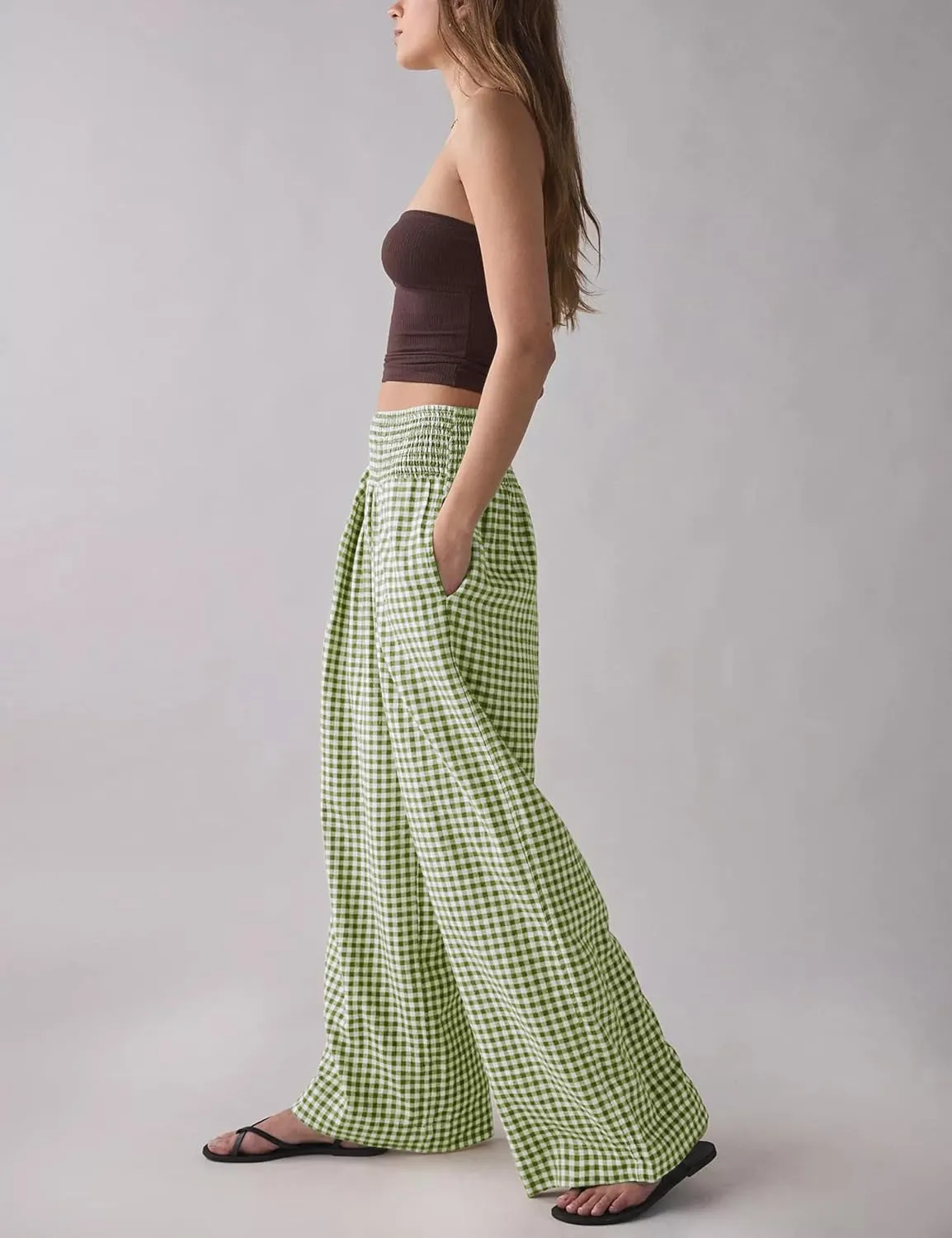 Qiaomai Women Casual Plaid Pants Elastic High Waist Wide Leg Lounge Pants Loose Trousers