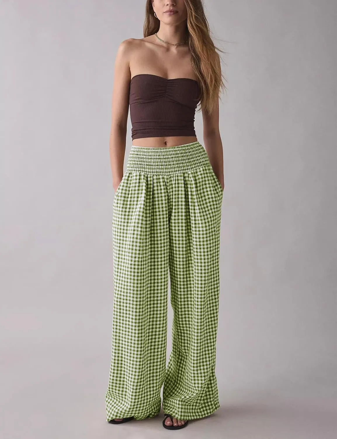 Qiaomai Women Casual Plaid Pants Elastic High Waist Wide Leg Lounge Pants Loose Trousers