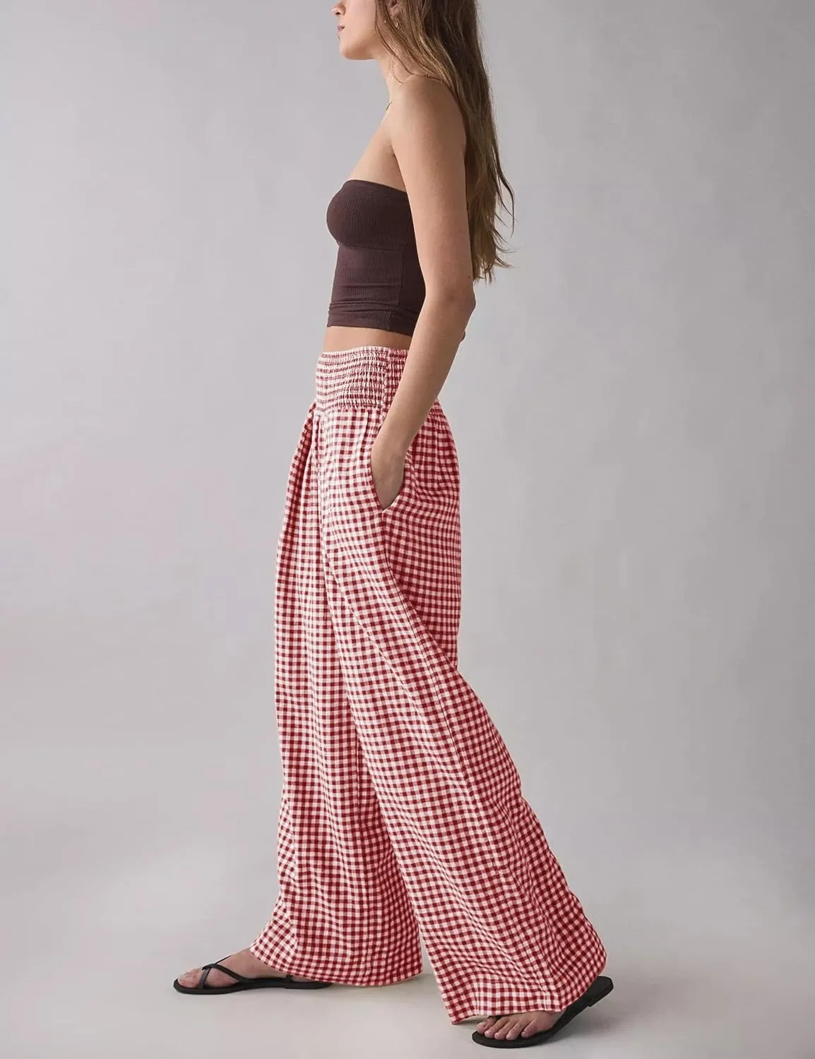 Qiaomai Women Casual Plaid Pants Elastic High Waist Wide Leg Lounge Pants Loose Trousers