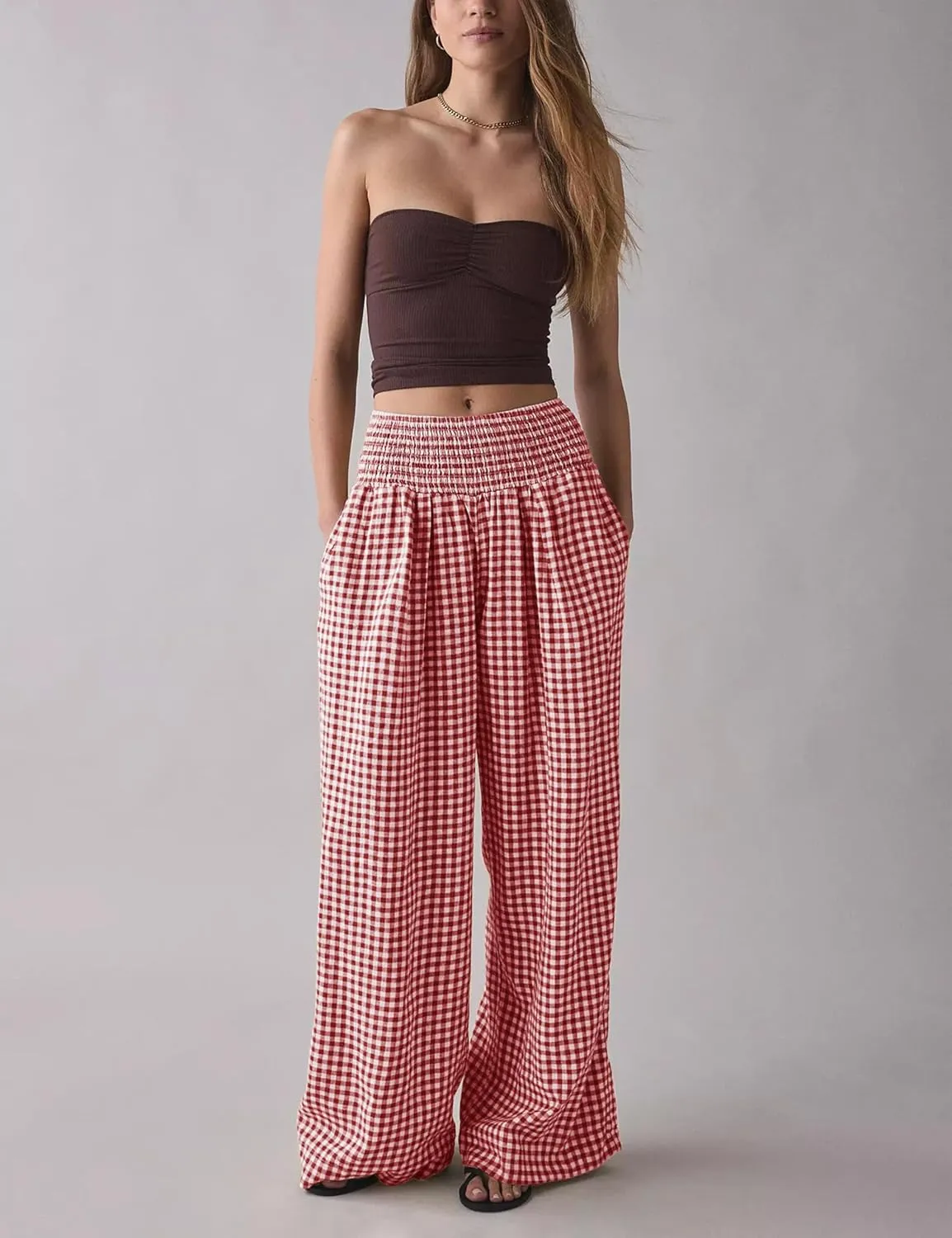 Qiaomai Women Casual Plaid Pants Elastic High Waist Wide Leg Lounge Pants Loose Trousers
