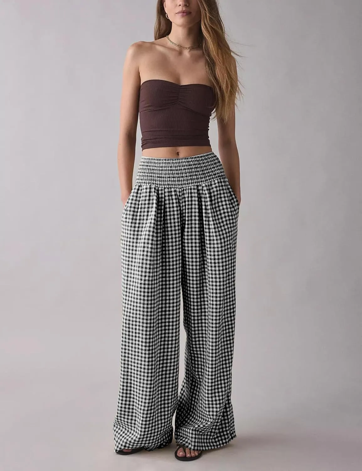 Qiaomai Women Casual Plaid Pants Elastic High Waist Wide Leg Lounge Pants Loose Trousers