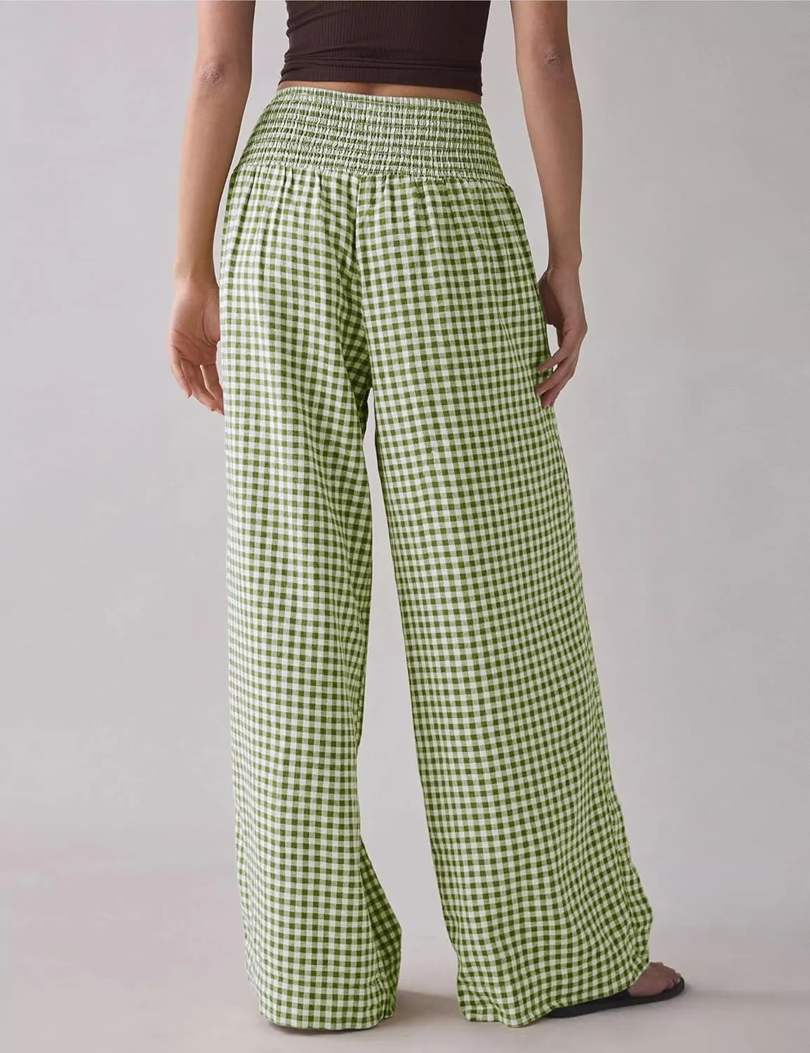 Qiaomai Women Casual Plaid Pants Elastic High Waist Wide Leg Lounge Pants Loose Trousers