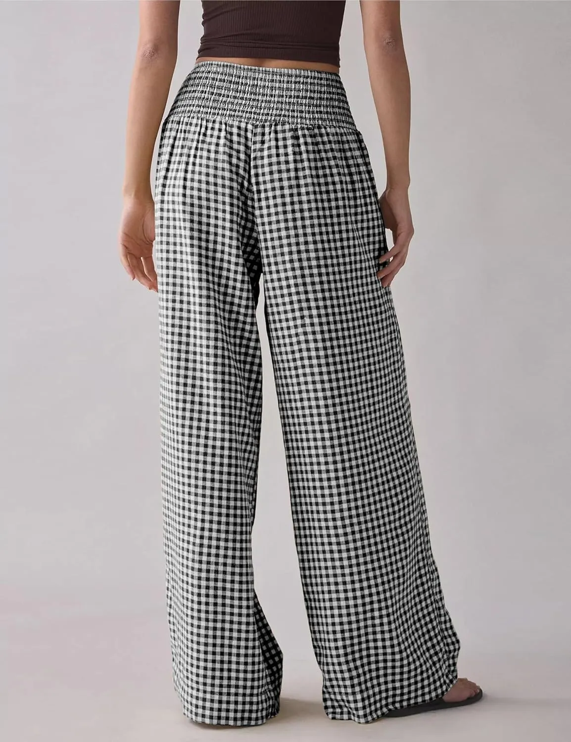 Qiaomai Women Casual Plaid Pants Elastic High Waist Wide Leg Lounge Pants Loose Trousers