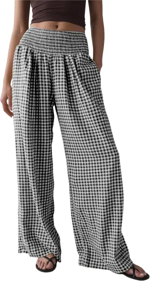 Qiaomai Women Casual Plaid Pants Elastic High Waist Wide Leg Lounge Pants Loose Trousers
