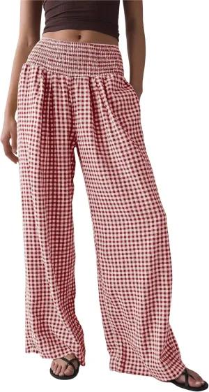 Qiaomai Women Casual Plaid Pants Elastic High Waist Wide Leg Lounge Pants Loose Trousers
