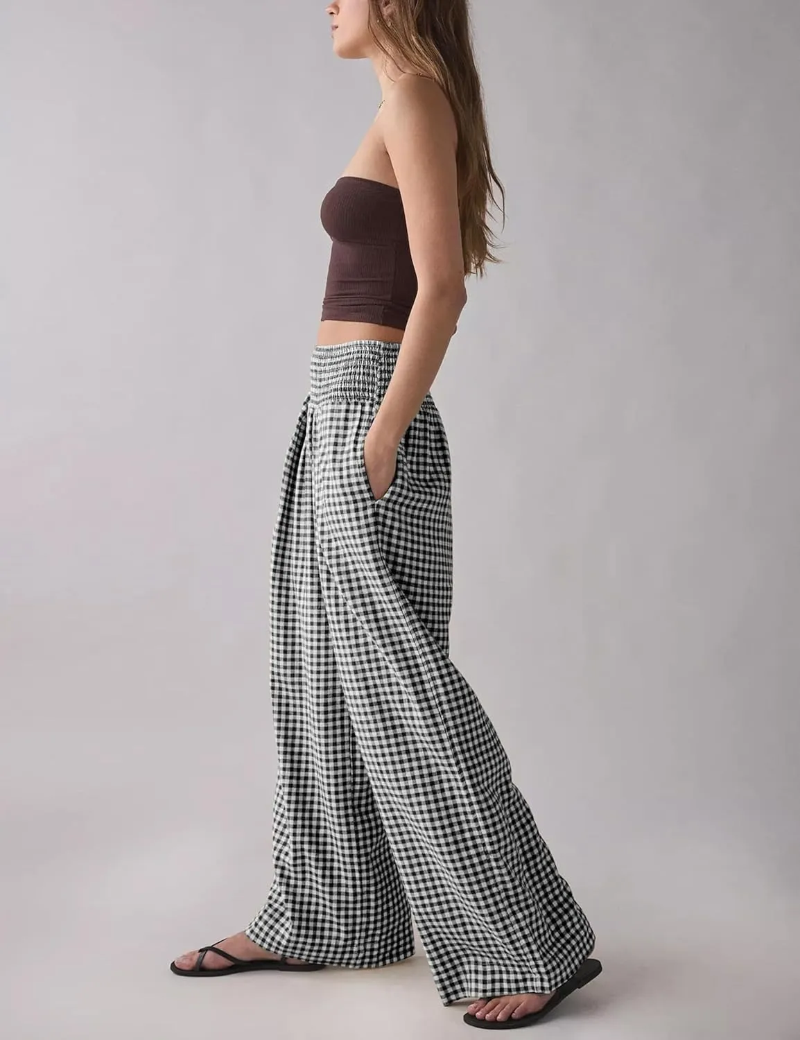 Qiaomai Women Casual Plaid Pants Elastic High Waist Wide Leg Lounge Pants Loose Trousers
