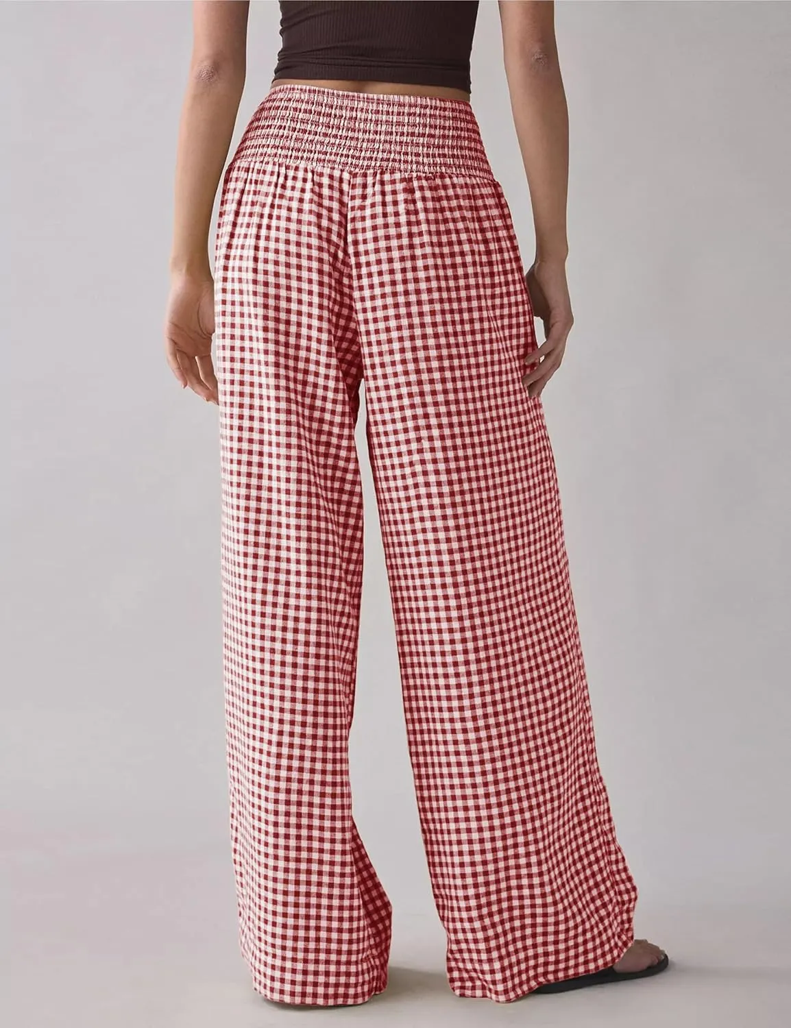 Qiaomai Women Casual Plaid Pants Elastic High Waist Wide Leg Lounge Pants Loose Trousers