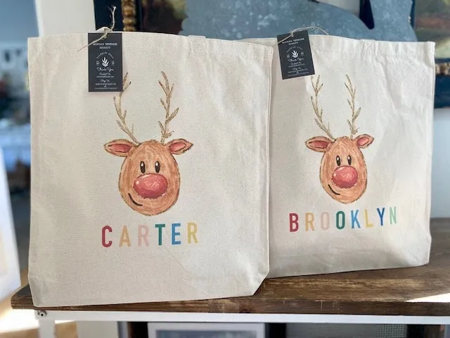 REINDEER Christmas Tote bag|Personalized Christmas bag|Canvas Tote Bag|Plaid Christmas bag|Holiday Gift Bag|Childs Christmas Bag