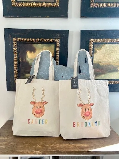 REINDEER Christmas Tote bag|Personalized Christmas bag|Canvas Tote Bag|Plaid Christmas bag|Holiday Gift Bag|Childs Christmas Bag