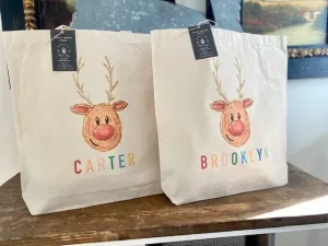 REINDEER Christmas Tote bag|Personalized Christmas bag|Canvas Tote Bag|Plaid Christmas bag|Holiday Gift Bag|Childs Christmas Bag