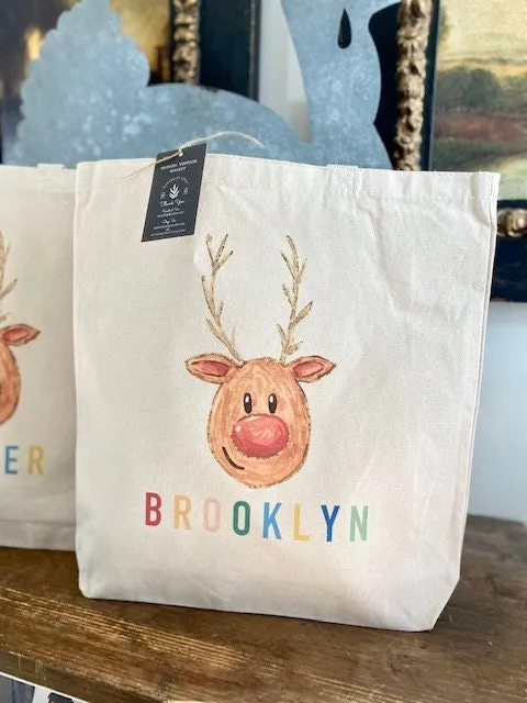 REINDEER Christmas Tote bag|Personalized Christmas bag|Canvas Tote Bag|Plaid Christmas bag|Holiday Gift Bag|Childs Christmas Bag