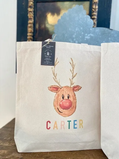 REINDEER Christmas Tote bag|Personalized Christmas bag|Canvas Tote Bag|Plaid Christmas bag|Holiday Gift Bag|Childs Christmas Bag