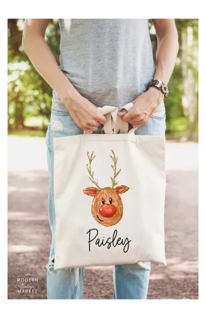 REINDEER Christmas Tote bag|Personalized Christmas bag|Canvas Tote Bag|Rudolph Christmas bag|Holiday Gift Bag|Childs Christmas Bag