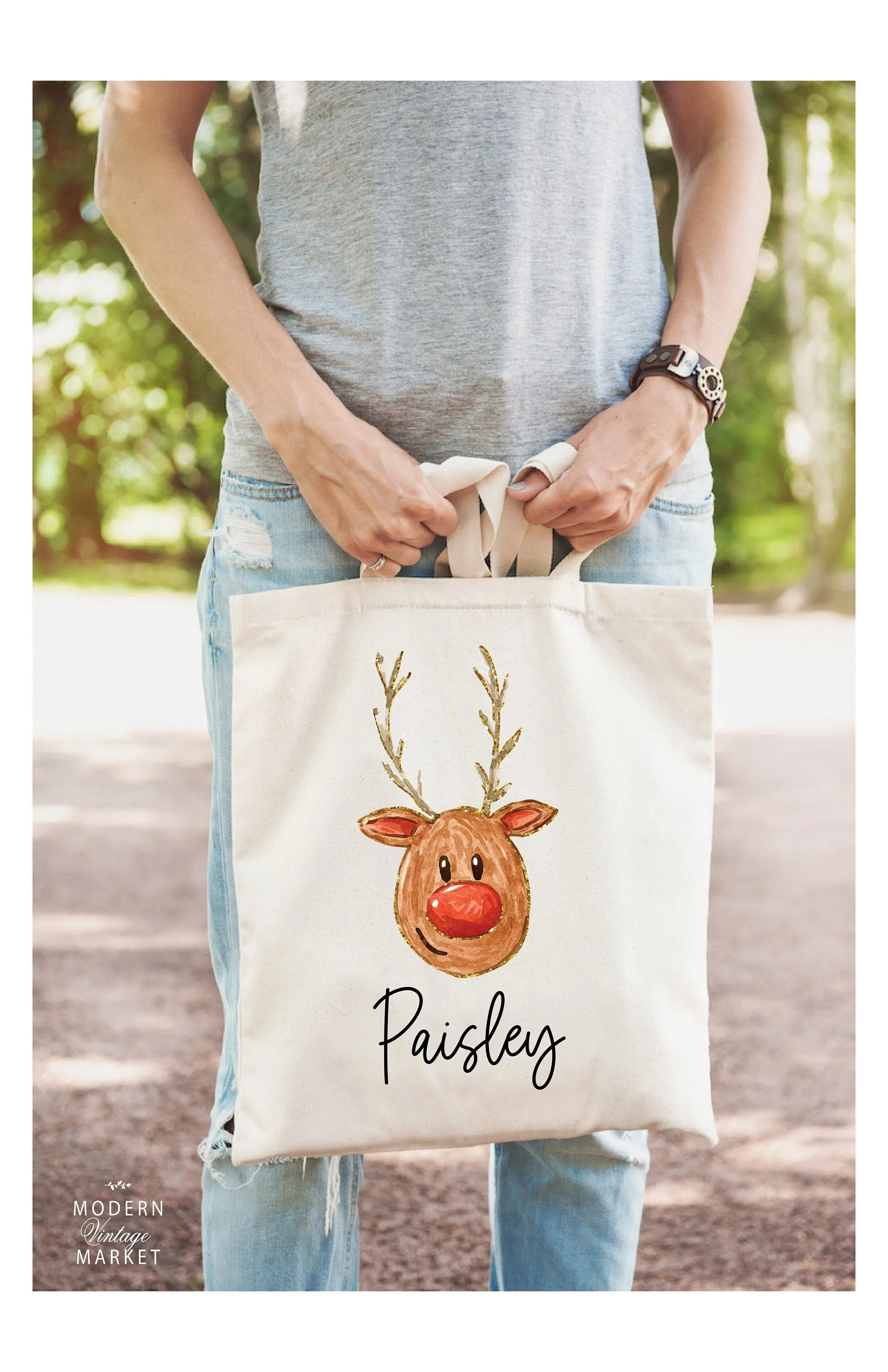 REINDEER Christmas Tote bag|Personalized Christmas bag|Canvas Tote Bag|Rudolph Christmas bag|Holiday Gift Bag|Childs Christmas Bag