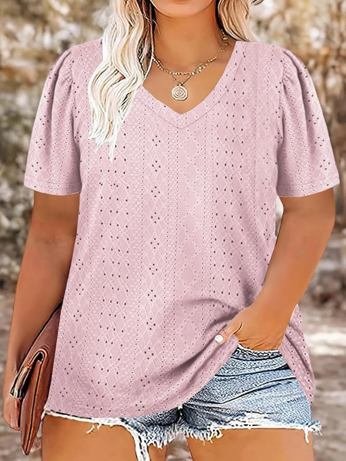 ROSRISS Womens Plus-Size Tops Summer Short Sleeve V Neck Eyelet Shirts