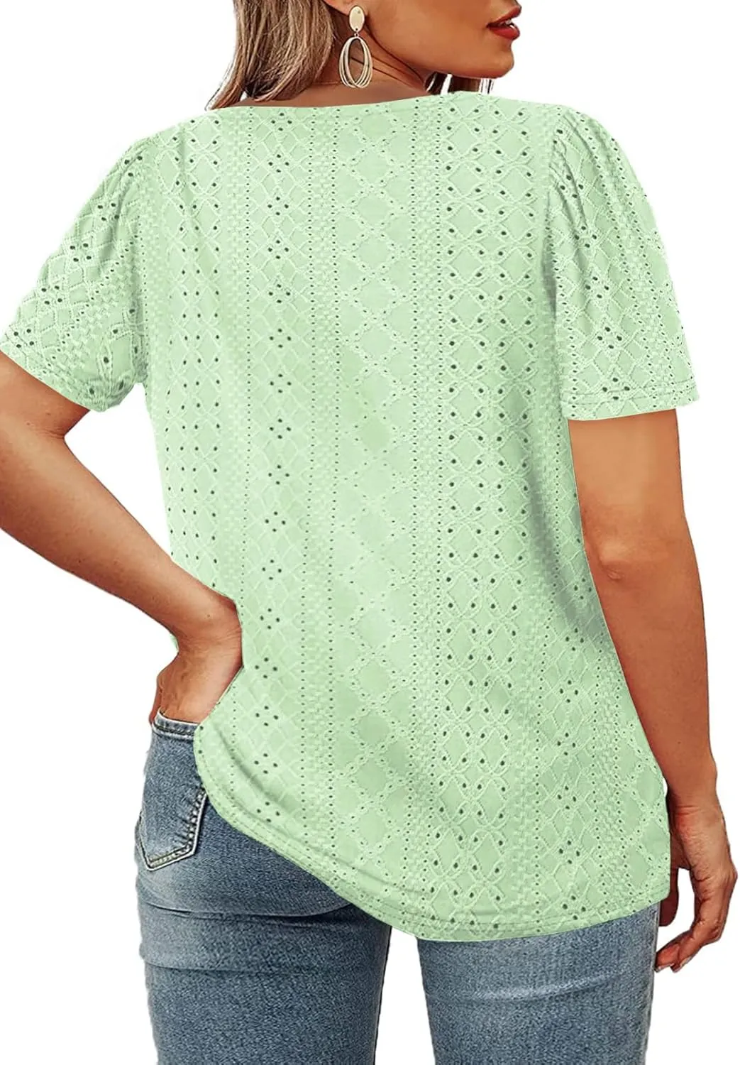 ROSRISS Womens Plus-Size Tops Summer Short Sleeve V Neck Eyelet Shirts
